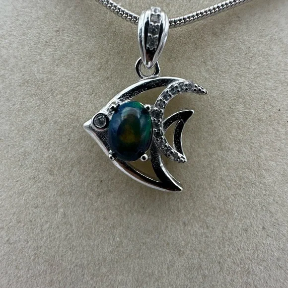 Silver Fish Pendant Necklace with Opal on Chain - Picture 5 of 9